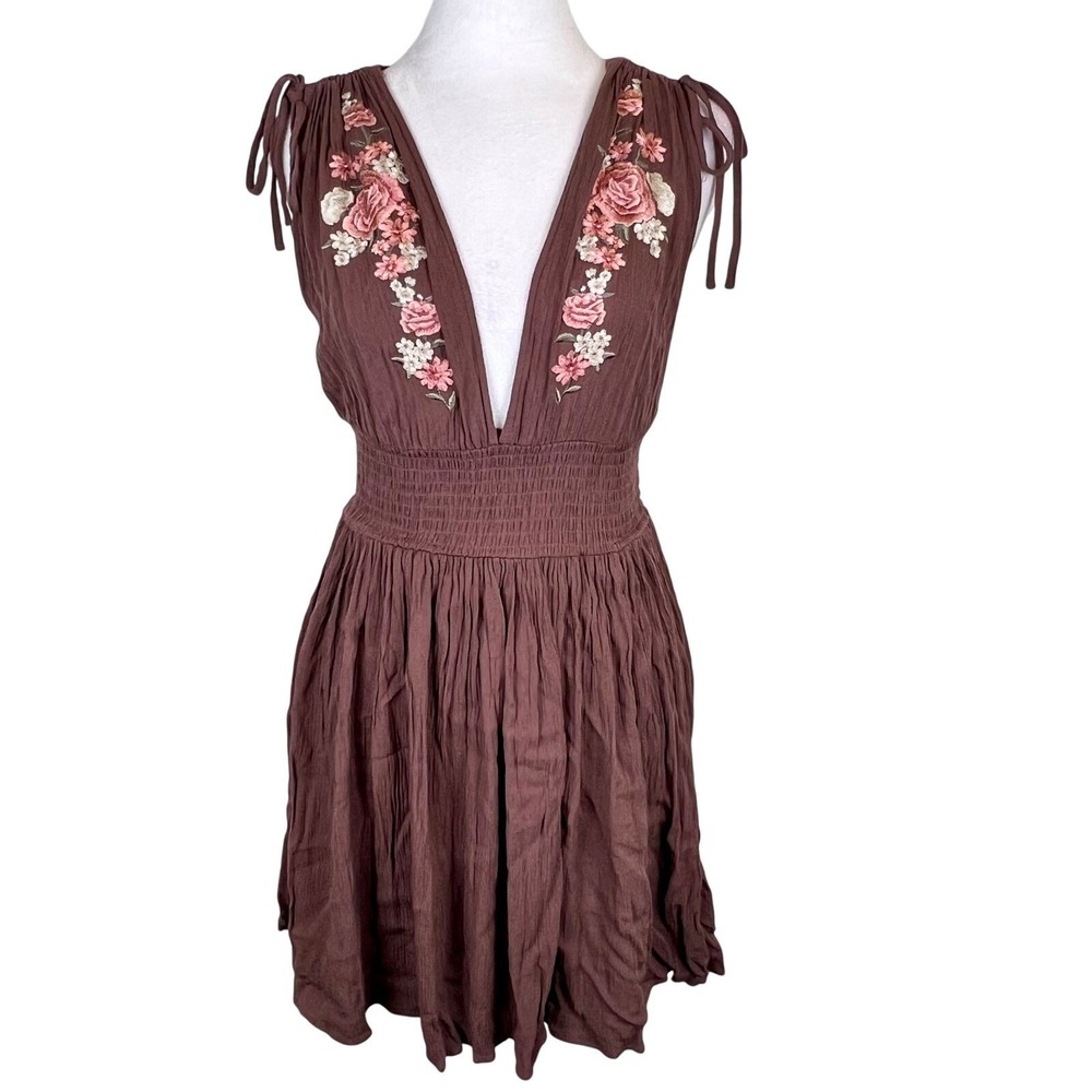 Forest Fairy Smocked Dress Small Brown Floral Embroidered Boho Smocked Festival